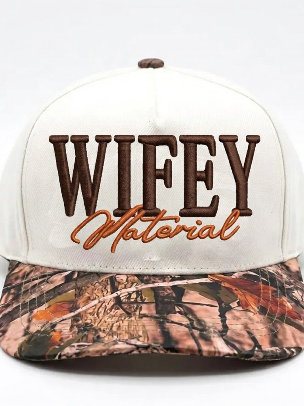 Wifey Material Trucker Hat White Embroidered Camo Brim Adjustable Cap